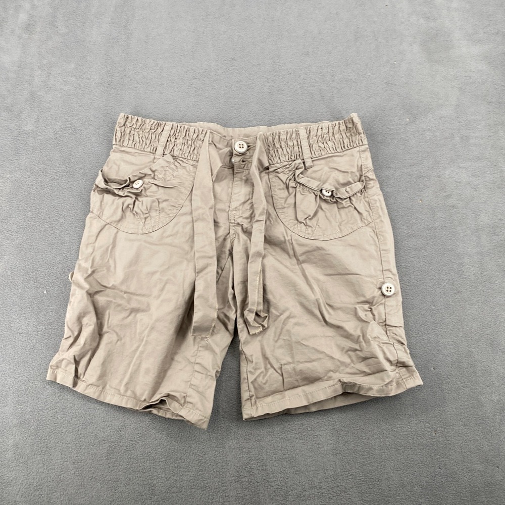 Khaki Tan Cargo Shorts Women Size 10 Smocked‎ Waist Tie Belt Utility Pockets